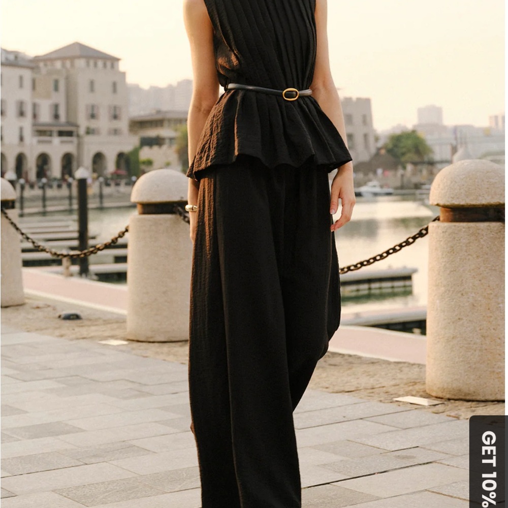 Commense Peplum Top Wide-Leg Pants Set With Belt - Picture 2 of 8
